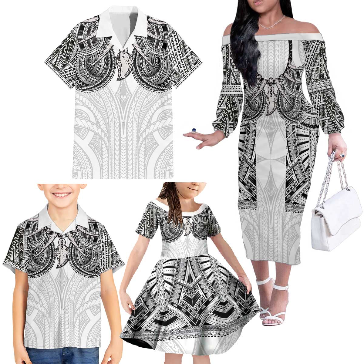 Samoan Traditional Art Tattoos Family Matching Off The Shoulder Long Sleeve Dress and Hawaiian Shirt Tatau Tribal Motifs with Ula Nifo White - Polynesian Pride
