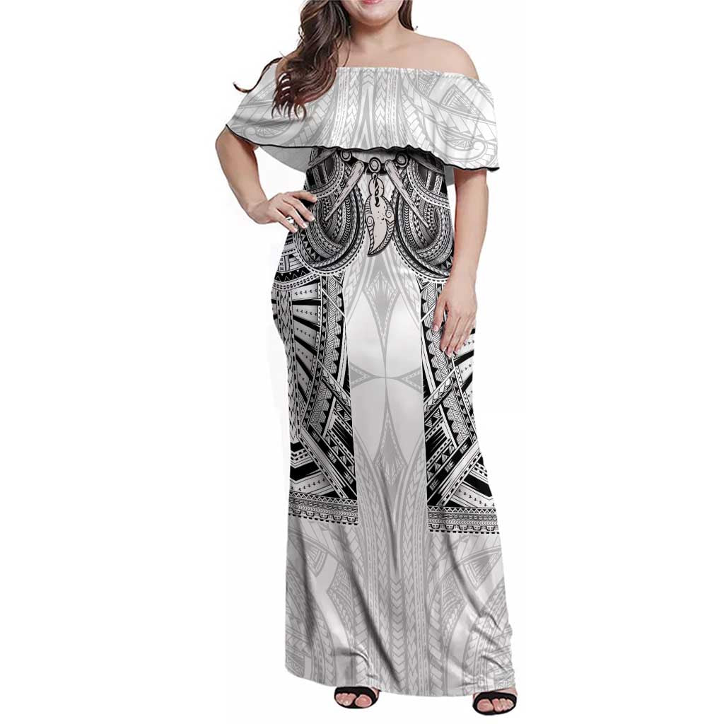 Samoan Traditional Art Tattoos Family Matching Off Shoulder Maxi Dress and Hawaiian Shirt Tatau Tribal Motifs with Ula Nifo White - Polynesian Pride