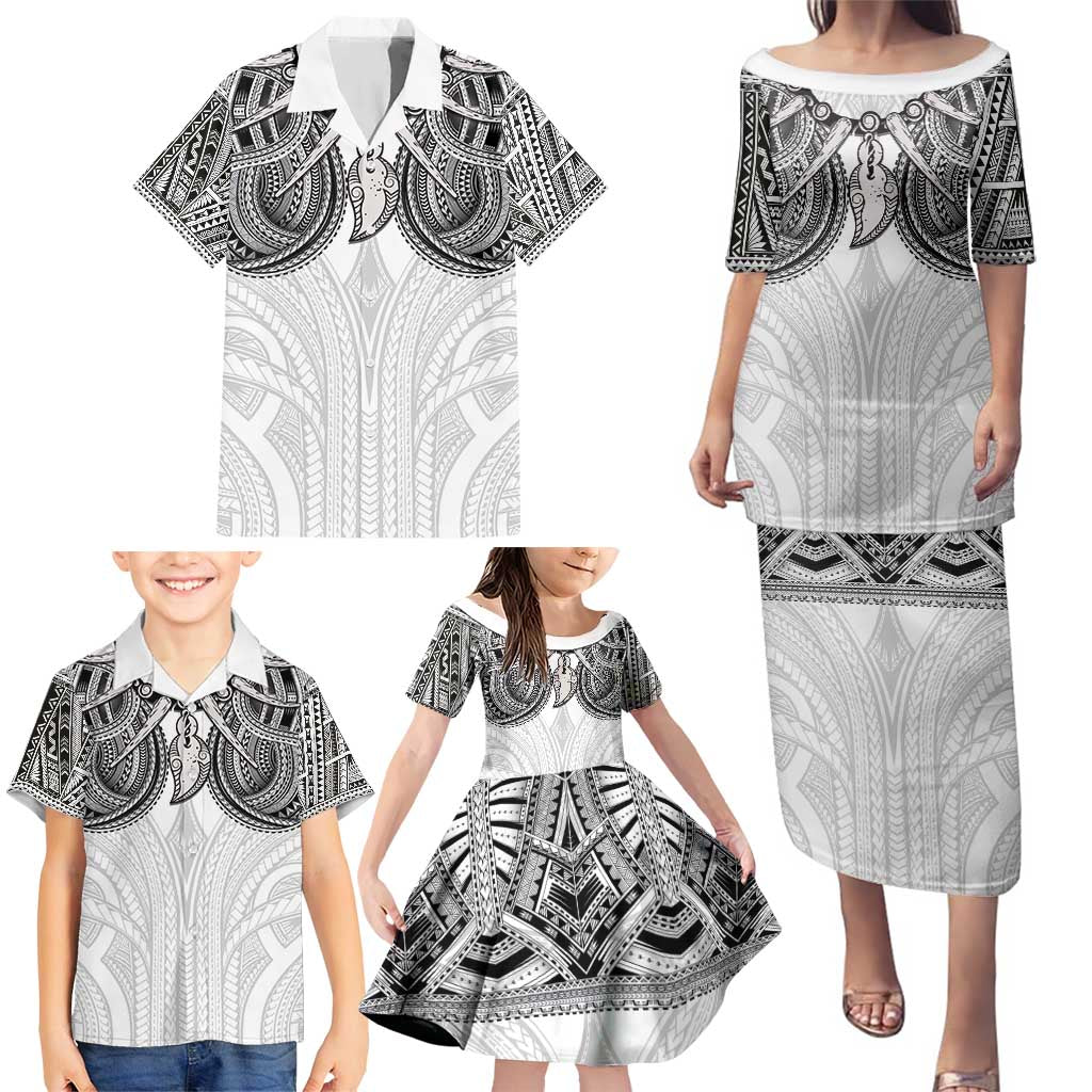 Samoan Traditional Art Tattoos Family Matching Puletasi and Hawaiian Shirt Tatau Tribal Motifs with Ula Nifo White - Polynesian Pride