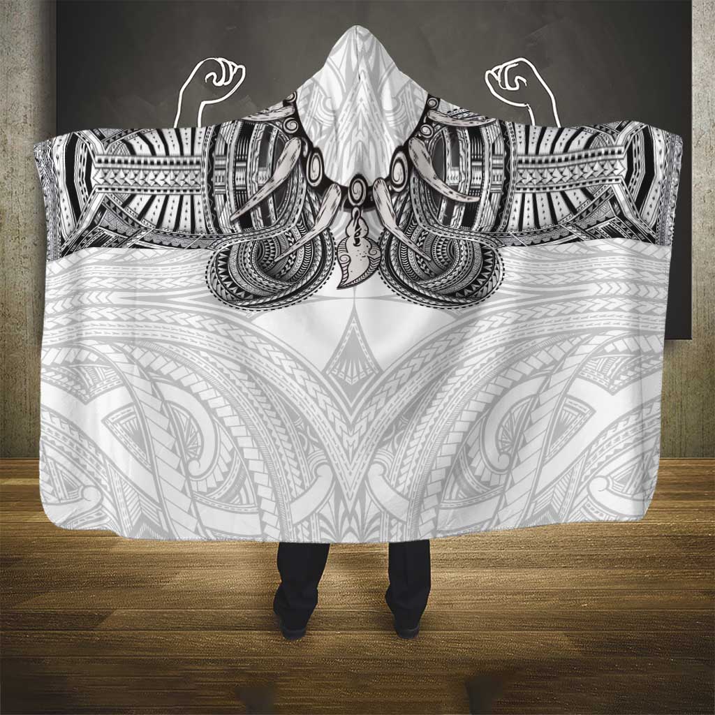 Samoan Traditional Art Tattoos Hooded Blanket Tatau Tribal Motifs with Ula Nifo White - Polynesian Pride