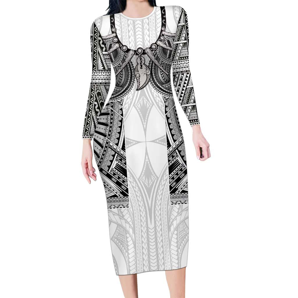 Samoan Traditional Art Tattoos Long Sleeve Bodycon Dress Tatau Tribal Motifs with Ula Nifo White - Polynesian Pride