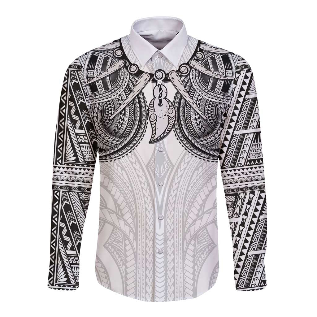 Samoan Traditional Art Tattoos Long Sleeve Button Shirt Tatau Tribal Motifs with Ula Nifo White - Polynesian Pride
