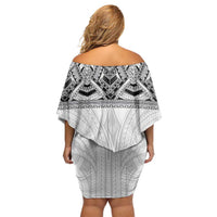 Samoan Traditional Art Tattoos Off Shoulder Short Dress Tatau Tribal Motifs with Ula Nifo White - Polynesian Pride