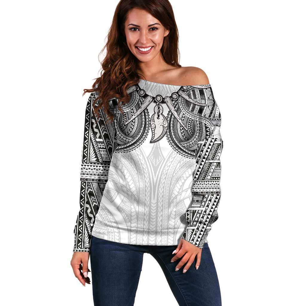 Samoan Traditional Art Tattoos Off Shoulder Sweater Tatau Tribal Motifs with Ula Nifo White - Polynesian Pride