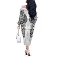 Samoan Traditional Art Tattoos Off The Shoulder Long Sleeve Dress Tatau Tribal Motifs with Ula Nifo White - Polynesian Pride