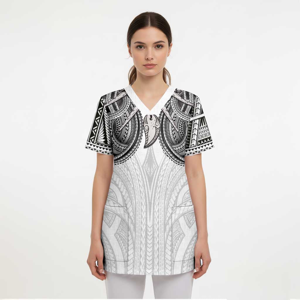 Samoan Traditional Art Tattoos Scrub Top Tatau Tribal Motifs with Ula Nifo White - Polynesian Pride