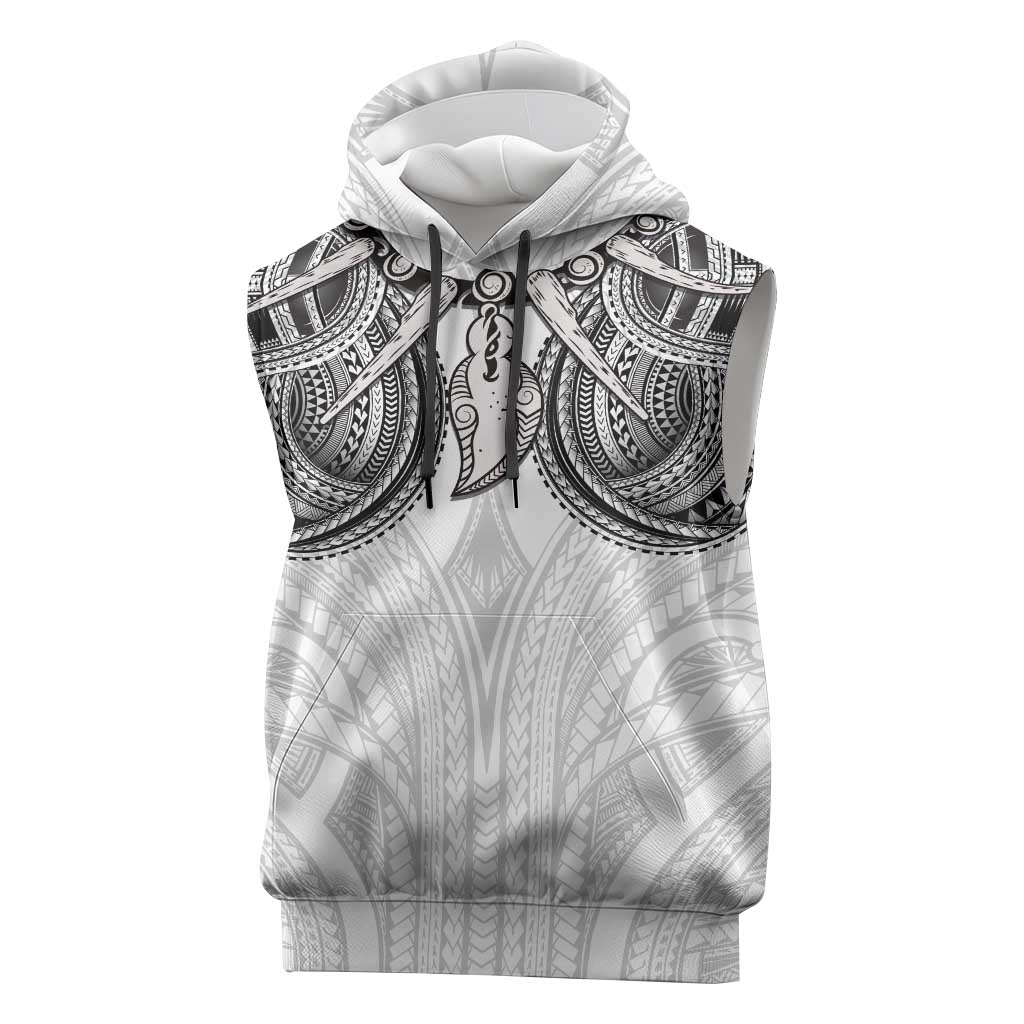 Samoan Traditional Art Tattoos Sleeveless Hoodie Tatau Tribal Motifs with Ula Nifo White - Polynesian Pride