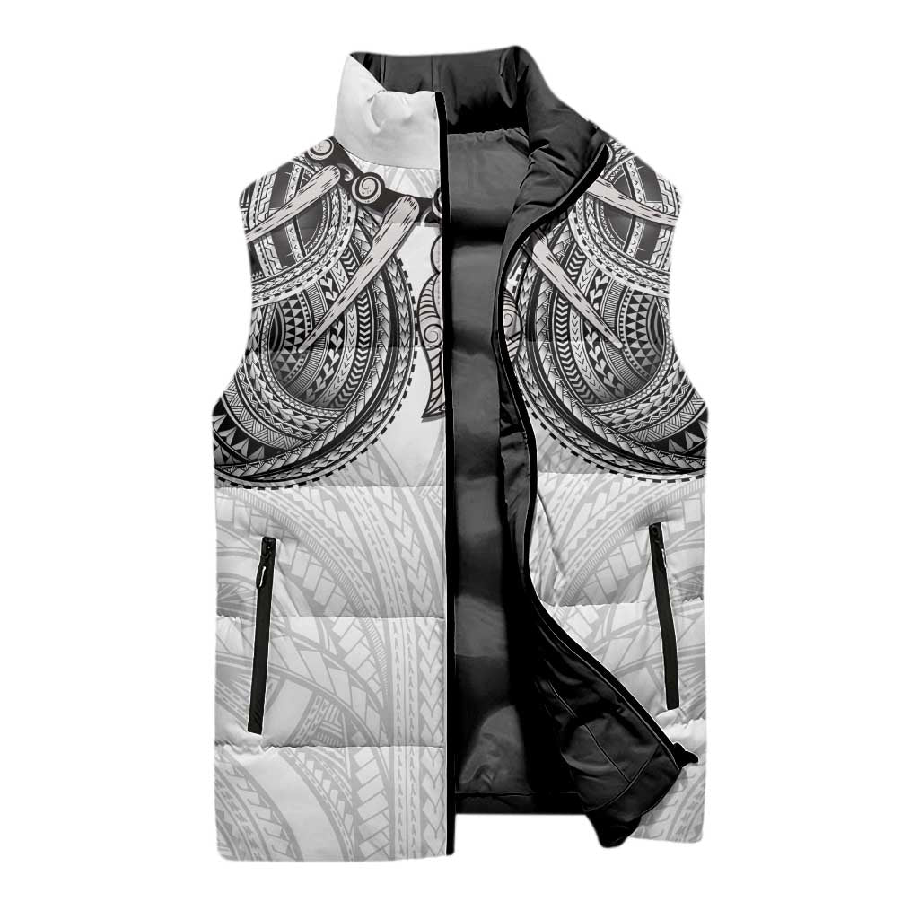 Samoan Traditional Art Tattoos Sleeveless Puffer Jacket Tatau Tribal Motifs with Ula Nifo White - Polynesian Pride