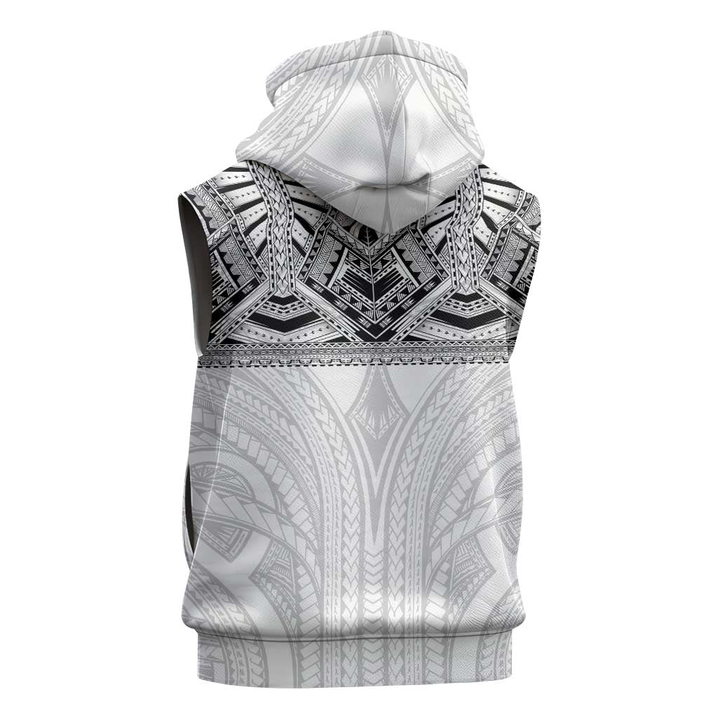Samoan Traditional Art Tattoos Sleeveless Zip Hoodie Tatau Tribal Motifs with Ula Nifo White - Polynesian Pride