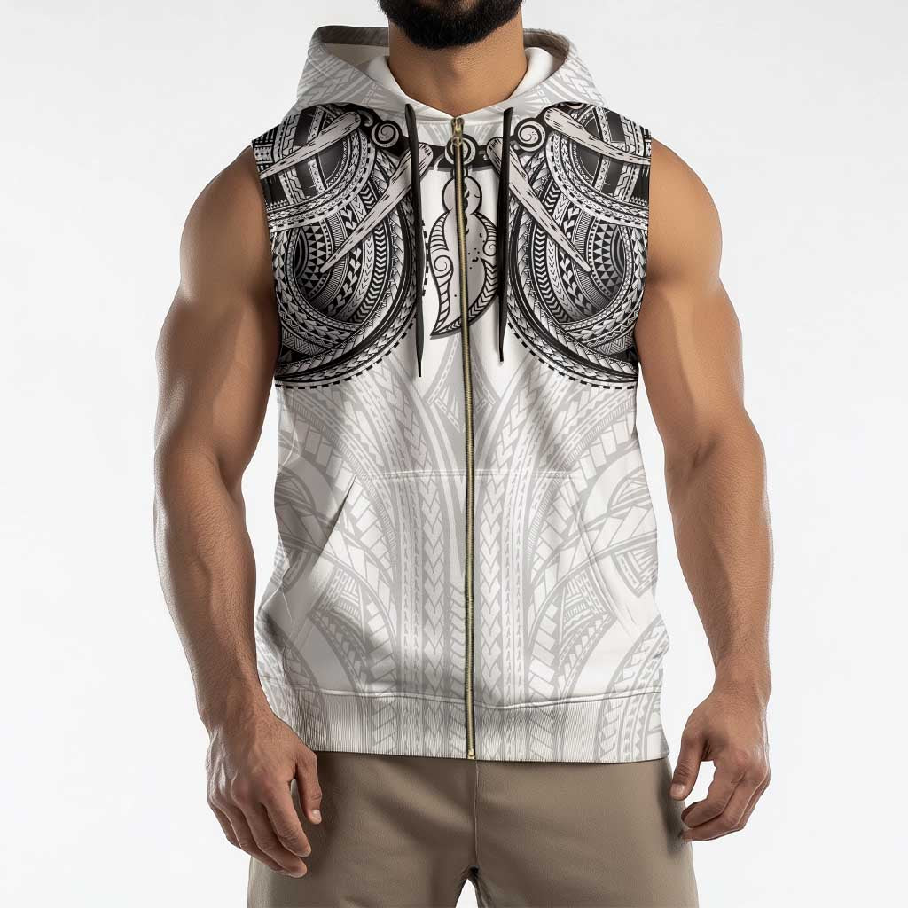 Samoan Traditional Art Tattoos Sleeveless Zip Hoodie Tatau Tribal Motifs with Ula Nifo White - Polynesian Pride