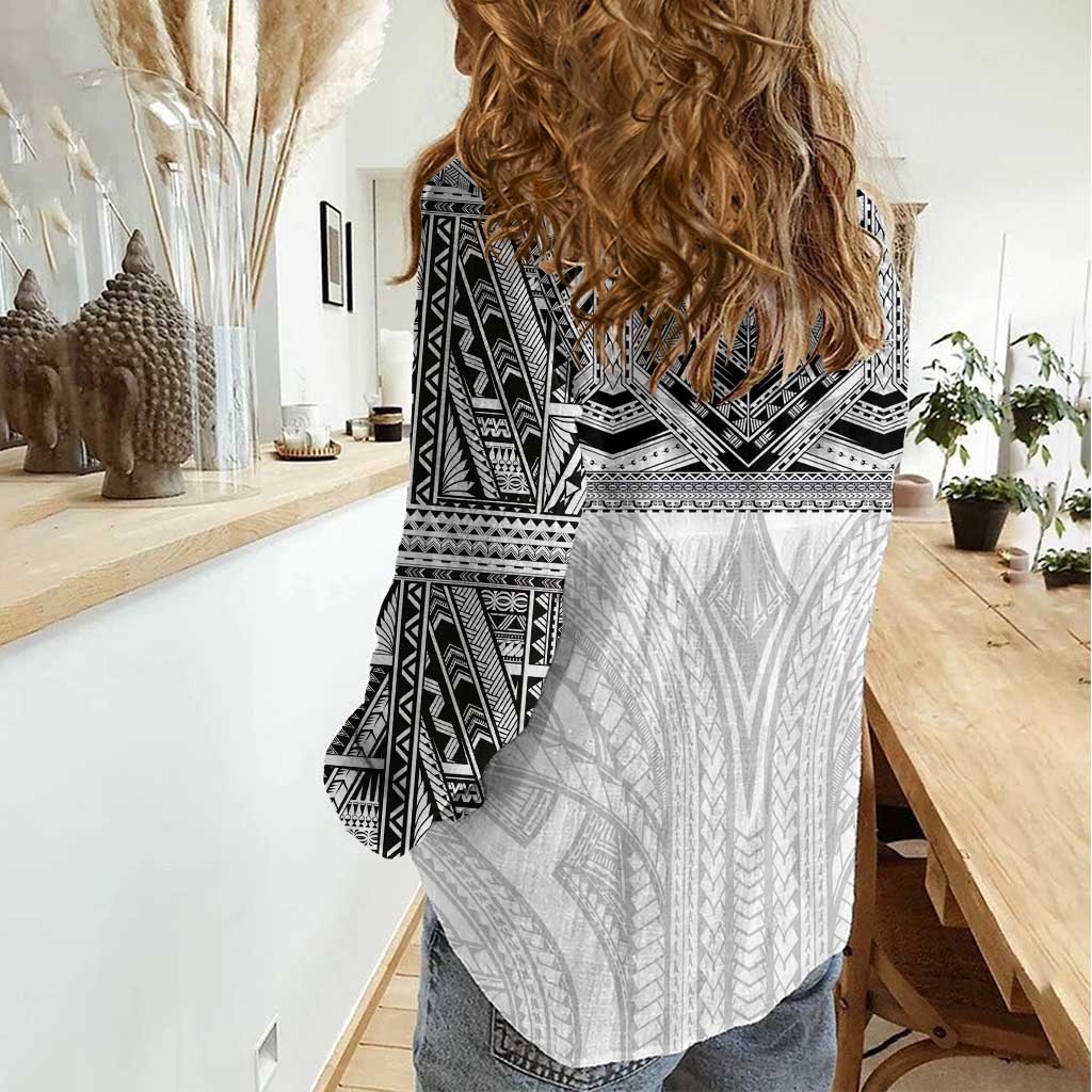 Samoan Traditional Art Tattoos Women Casual Shirt Tatau Tribal Motifs with Ula Nifo White - Polynesian Pride
