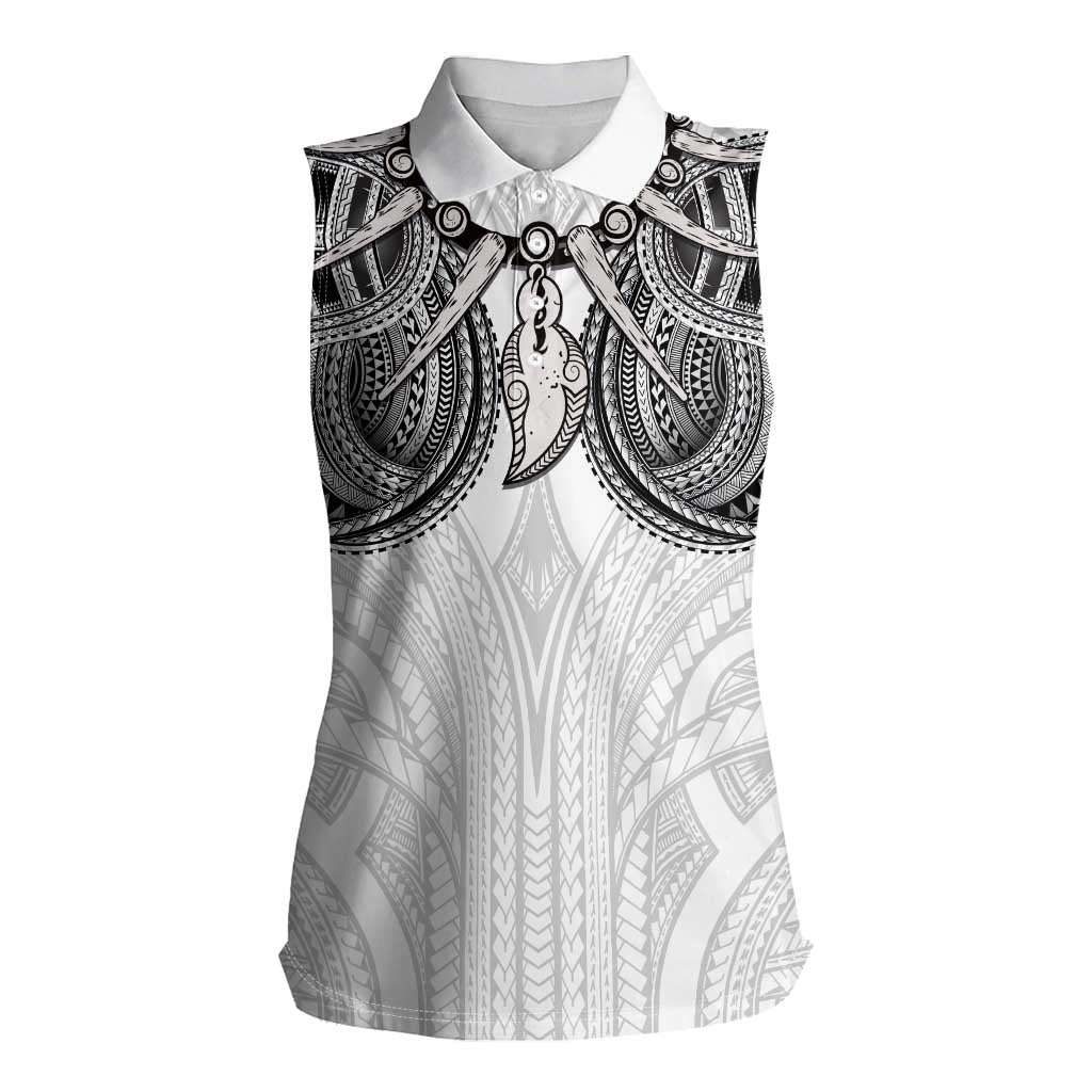 Samoan Traditional Art Tattoos Women Sleeveless Polo Shirt Tatau Tribal Motifs with Ula Nifo White - Polynesian Pride
