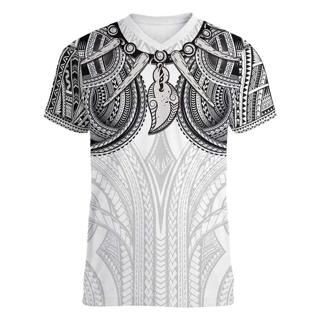 Samoan Traditional Art Tattoos Women V-Neck T-Shirt Tatau Tribal Motifs with Ula Nifo White - Polynesian Pride