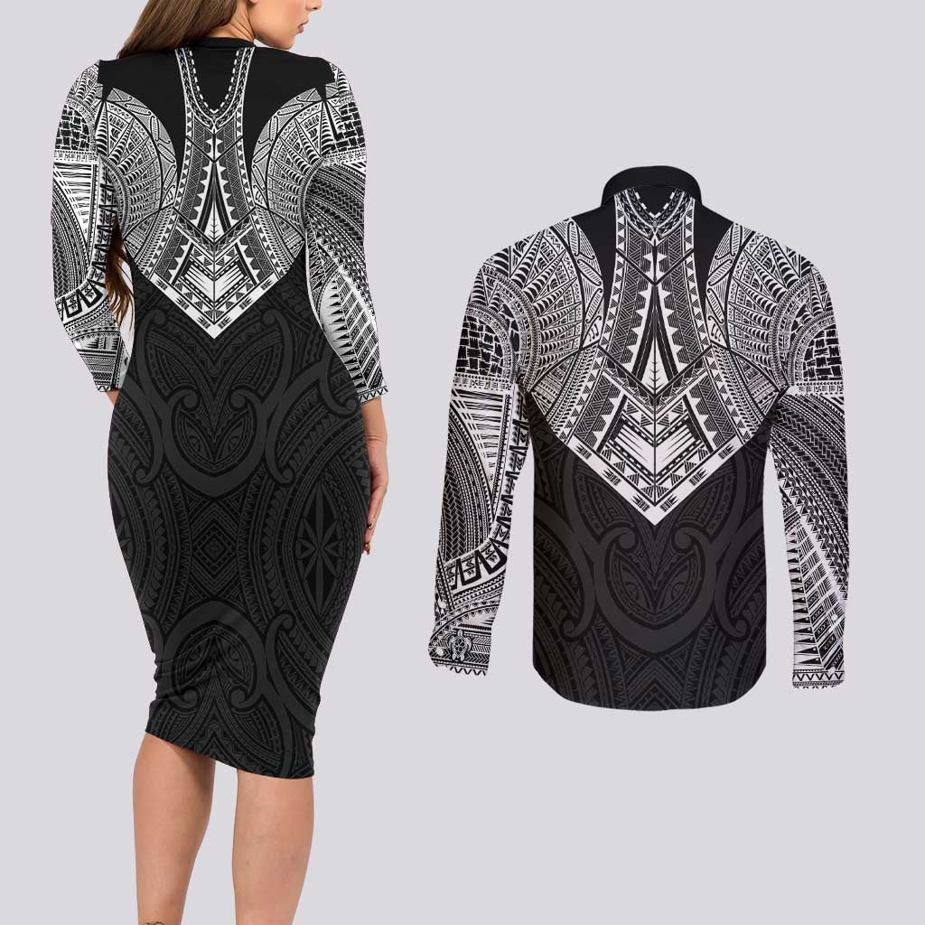 Samoan Traditional Art Tattoos Couples Matching Long Sleeve Bodycon Dress and Long Sleeve Button Shirt Tatau Roman Reigns Black Color - Polynesian Pride