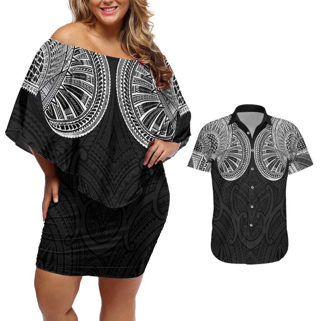 Samoan Traditional Art Tattoos Couples Matching Off Shoulder Short Dress and Hawaiian Shirt Tatau Roman Reigns Black Color - Polynesian Pride