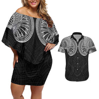 Samoan Traditional Art Tattoos Couples Matching Off Shoulder Short Dress and Hawaiian Shirt Tatau Roman Reigns Black Color - Polynesian Pride