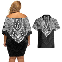 Samoan Traditional Art Tattoos Couples Matching Off Shoulder Short Dress and Hawaiian Shirt Tatau Roman Reigns Black Color - Polynesian Pride
