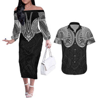 Samoan Traditional Art Tattoos Couples Matching Off The Shoulder Long Sleeve Dress and Hawaiian Shirt Tatau Roman Reigns Black Color - Polynesian Pride