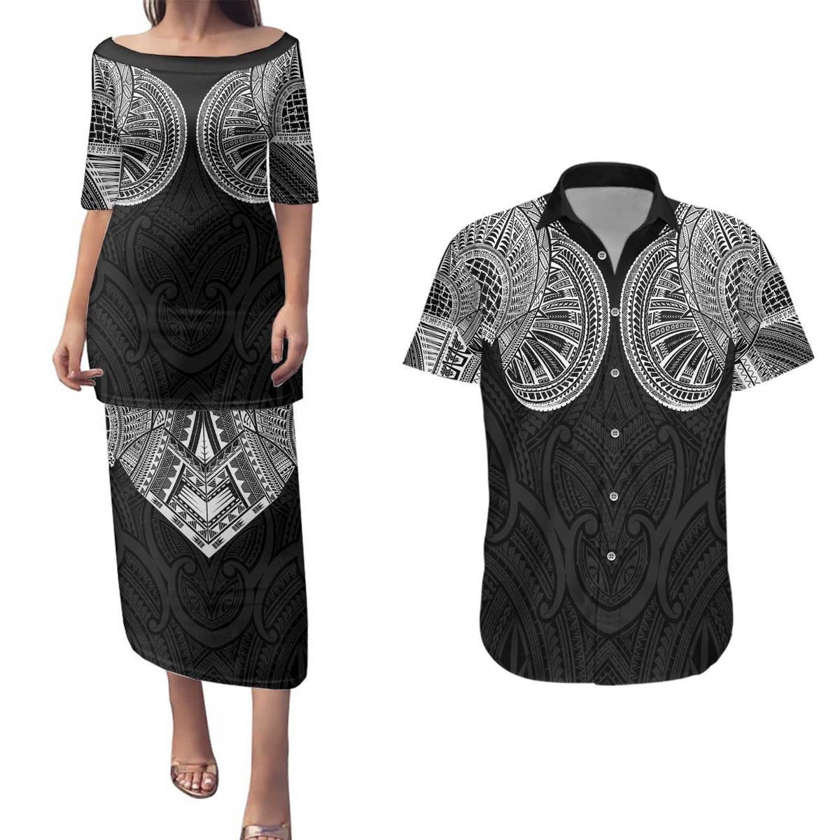 Samoan Traditional Art Tattoos Couples Matching Puletasi and Hawaiian Shirt Tatau Roman Reigns Black Color - Polynesian Pride