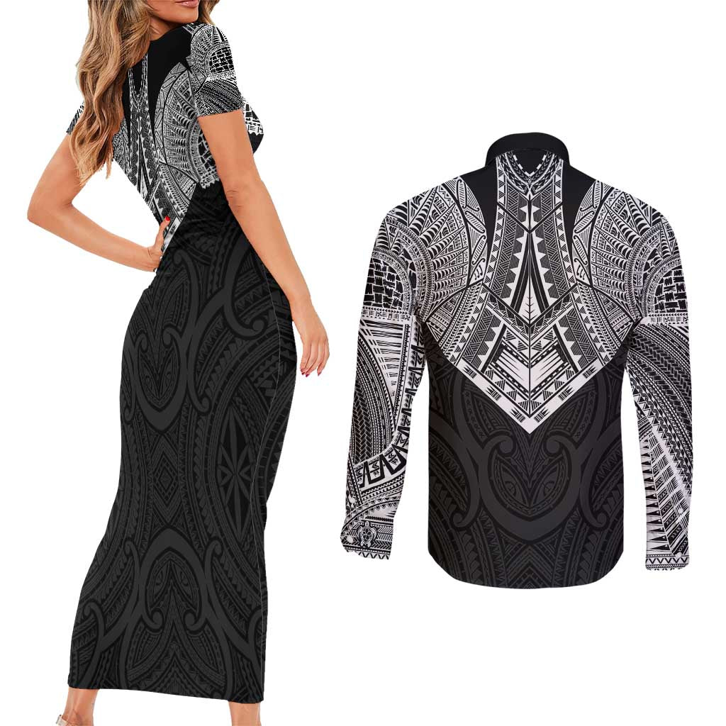 Samoan Traditional Art Tattoos Couples Matching Short Sleeve Bodycon Dress and Long Sleeve Button Shirt Tatau Roman Reigns Black Color - Polynesian Pride