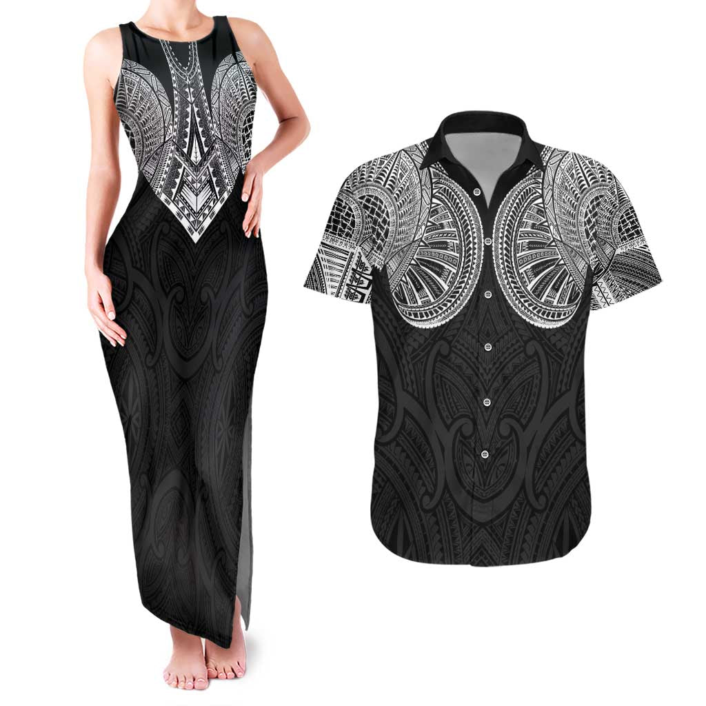 Samoan Traditional Art Tattoos Couples Matching Tank Maxi Dress and Hawaiian Shirt Tatau Roman Reigns Black Color - Polynesian Pride