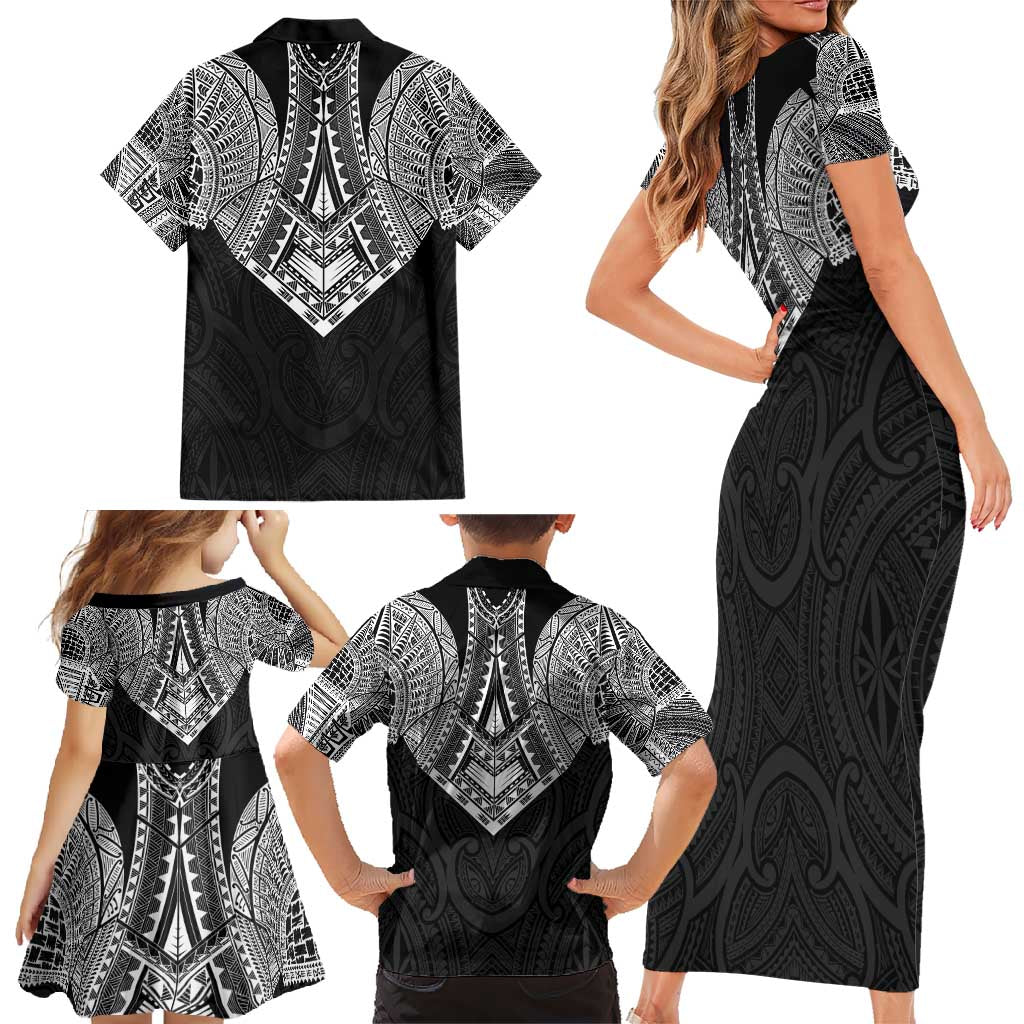 Samoan Traditional Art Tattoos Family Matching Short Sleeve Bodycon Dress and Hawaiian Shirt Tatau Roman Reigns Black Color - Polynesian Pride