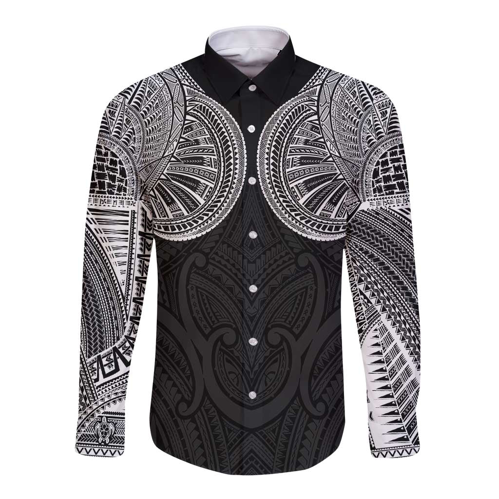 Samoan Traditional Art Tattoos Long Sleeve Button Shirt Tatau Roman Reigns Black Color - Polynesian Pride