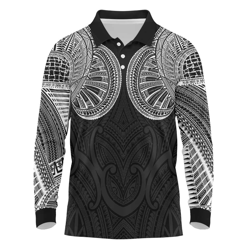 Samoan Traditional Art Tattoos Long Sleeve Polo Shirt Tatau Roman Reigns Black Color - Polynesian Pride