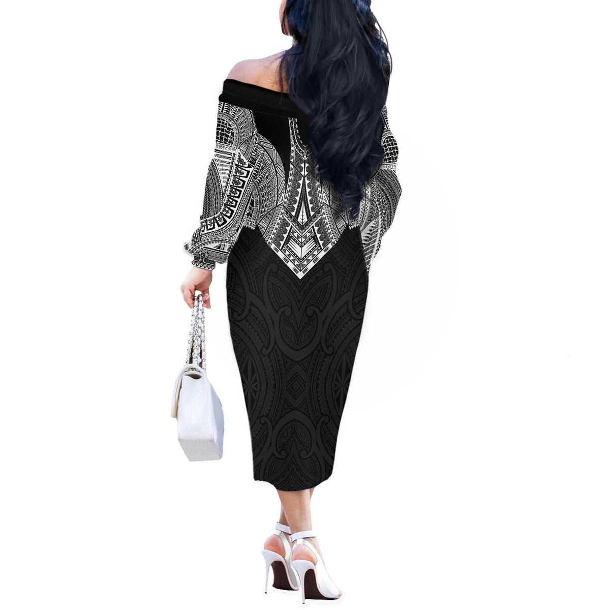 Samoan Traditional Art Tattoos Off The Shoulder Long Sleeve Dress Tatau Roman Reigns Black Color - Polynesian Pride