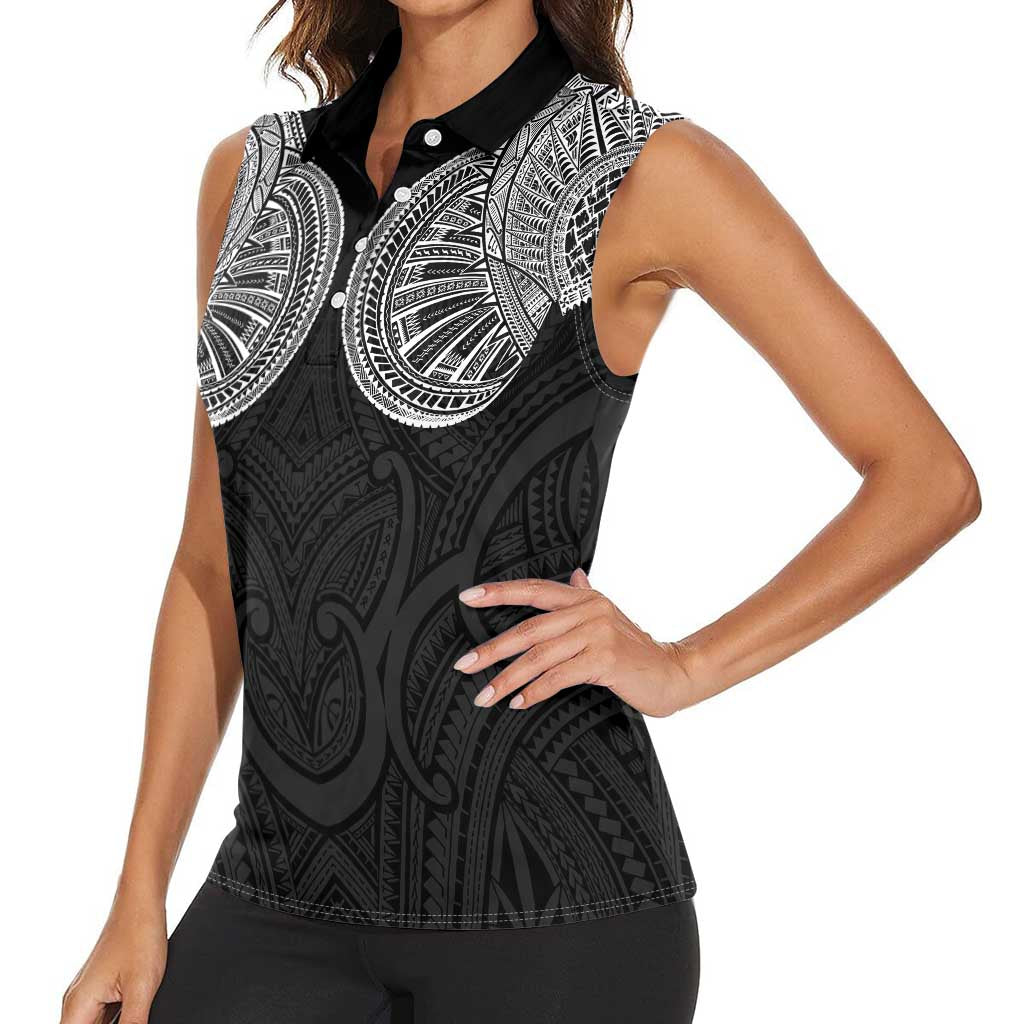 Samoan Traditional Art Tattoos Women Sleeveless Polo Shirt Tatau Roman Reigns Black Color - Polynesian Pride