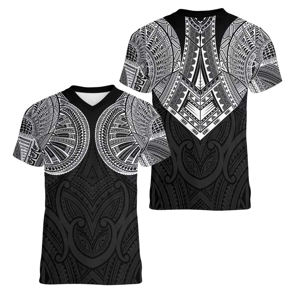 Samoan Traditional Art Tattoos Women V-Neck T-Shirt Tatau Roman Reigns Black Color - Polynesian Pride