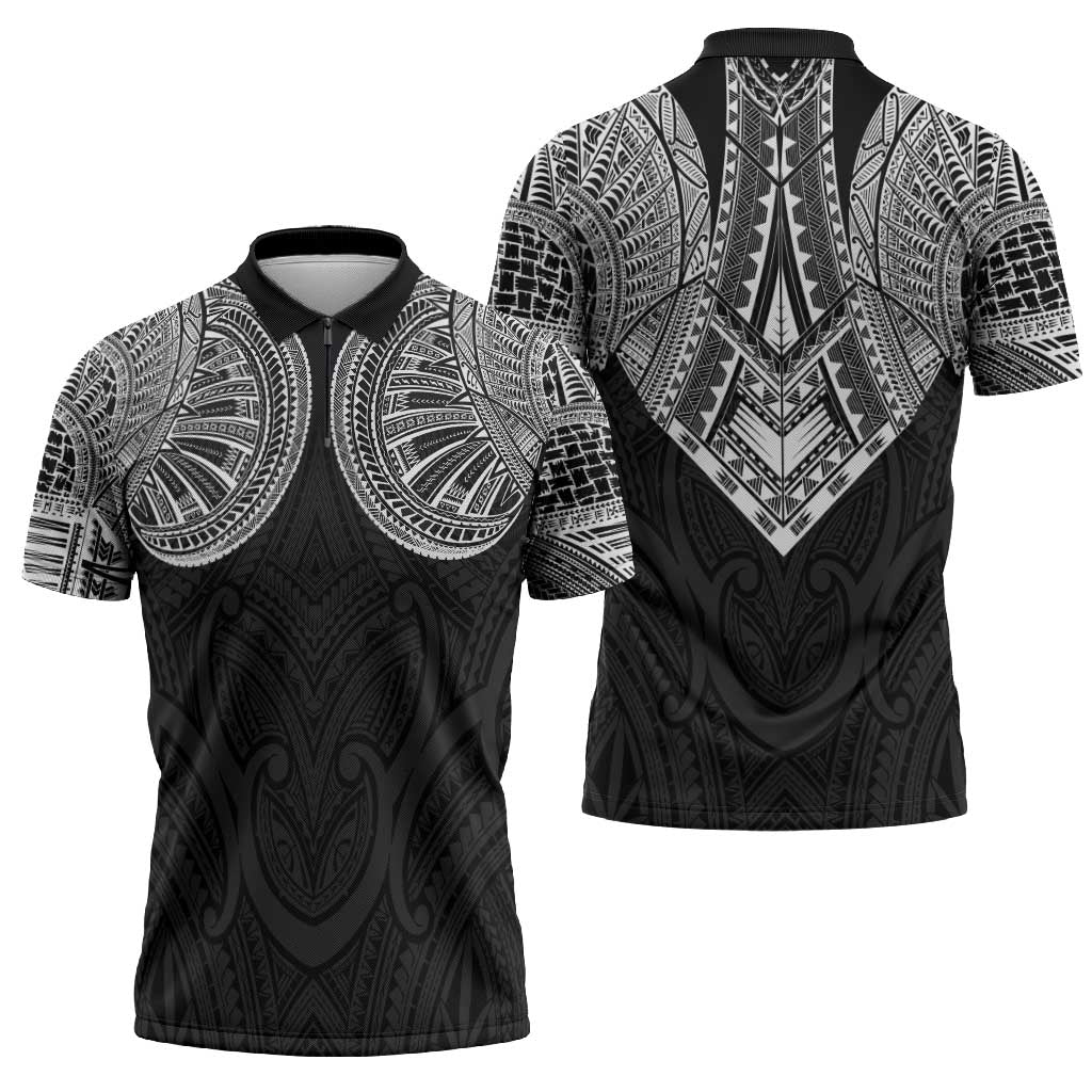 Samoan Traditional Art Tattoos Zipper Polo Shirt Tatau Roman Reigns Black Color - Polynesian Pride