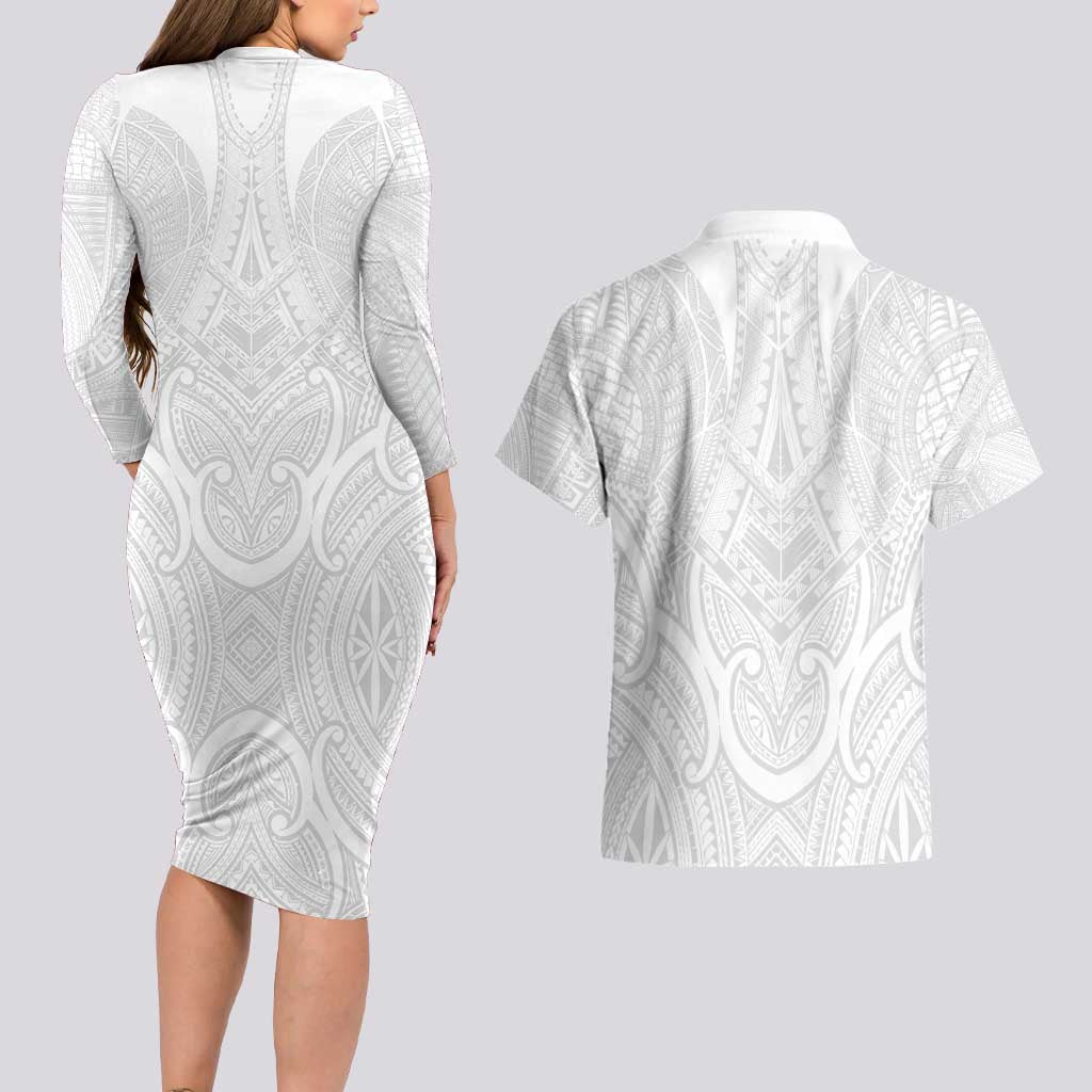 Samoan Traditional Art Tattoos Couples Matching Long Sleeve Bodycon Dress and Hawaiian Shirt Tatau Roman Reigns White Color - Polynesian Pride