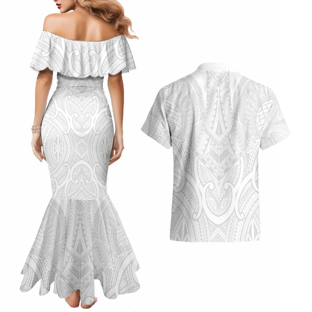 Samoan Traditional Art Tattoos Couples Matching Mermaid Dress and Hawaiian Shirt Tatau Roman Reigns White Color - Polynesian Pride