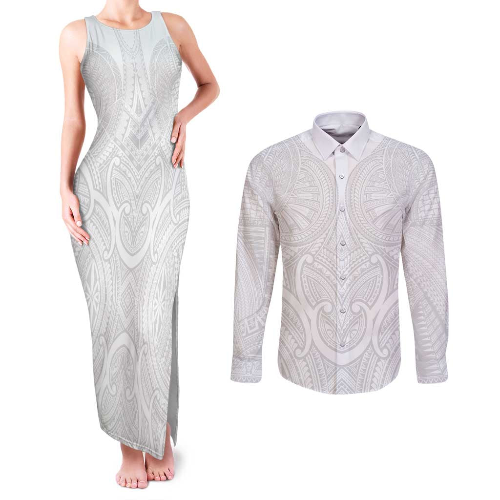 Samoan Traditional Art Tattoos Couples Matching Tank Maxi Dress and Long Sleeve Button Shirt Tatau Roman Reigns White Color - Polynesian Pride