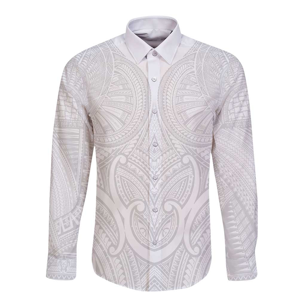 Samoan Traditional Art Tattoos Long Sleeve Button Shirt Tatau Roman Reigns White Color - Polynesian Pride