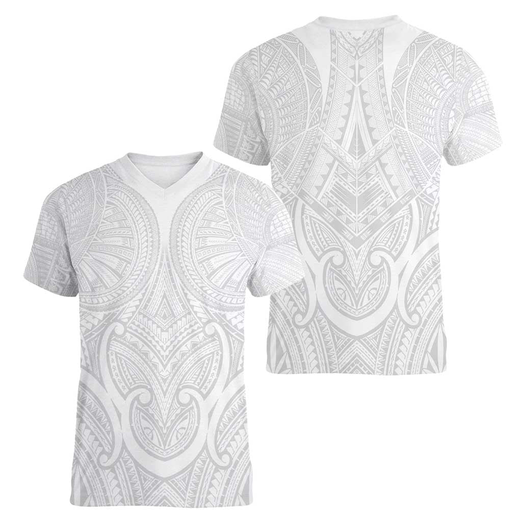 Samoan Traditional Art Tattoos Women V-Neck T-Shirt Tatau Roman Reigns White Color - Polynesian Pride