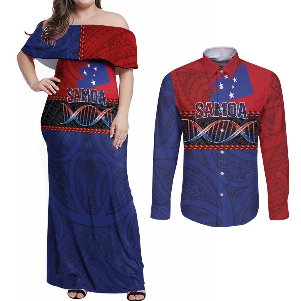 Personalised Samoan DNA-Proud of Samoa Couples Matching Off Shoulder Maxi Dress and Long Sleeve Button Shirt Polynesian Patterns - Polynesian Pride