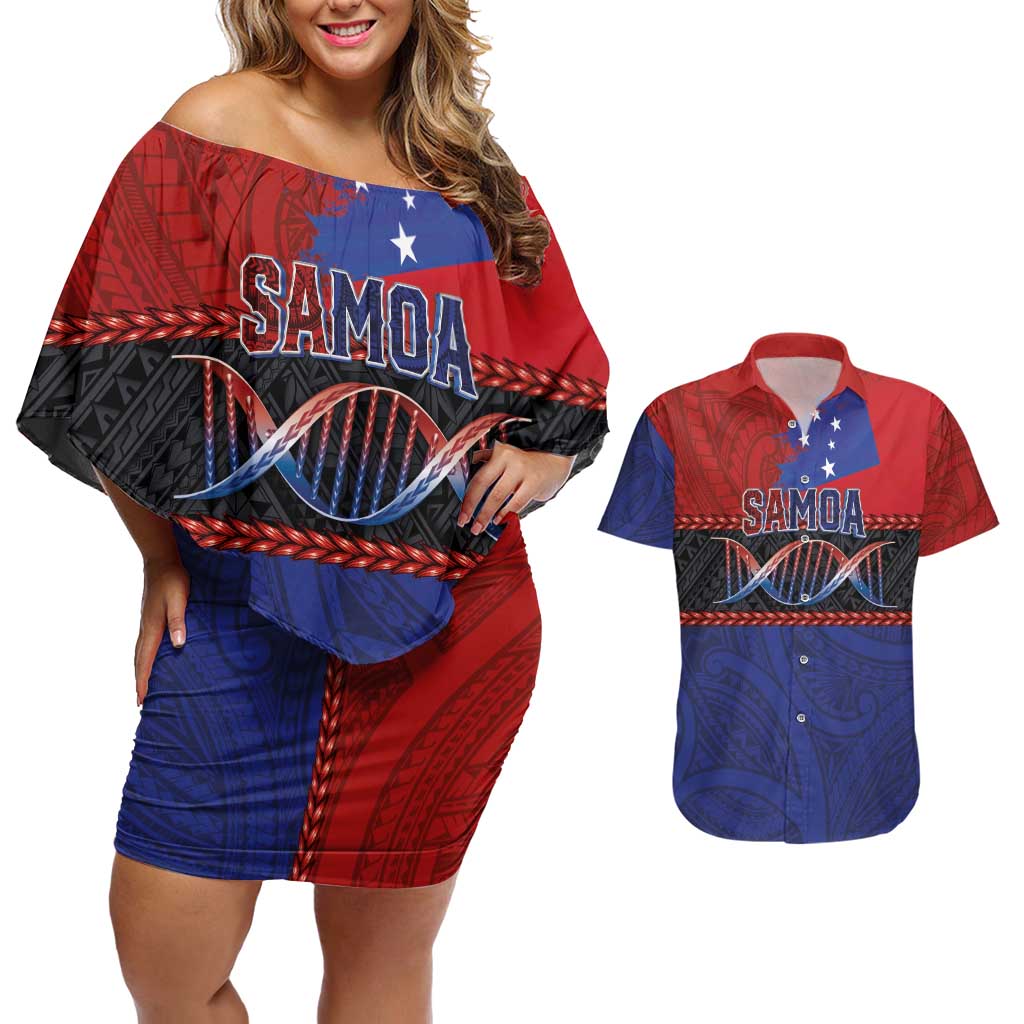 Personalised Samoan DNA-Proud of Samoa Couples Matching Off Shoulder Short Dress and Hawaiian Shirt Polynesian Patterns - Polynesian Pride