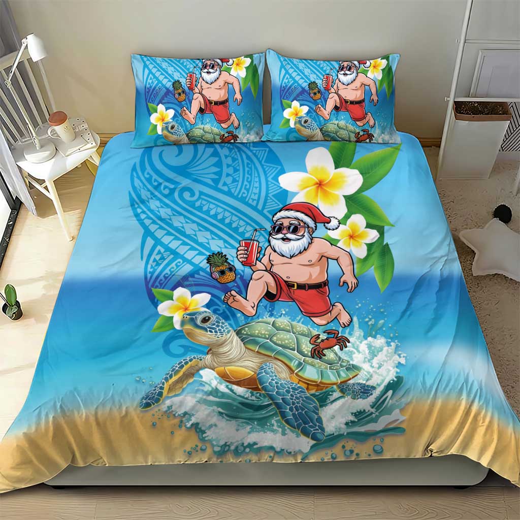 Polynesian Merry Christmas Bedding Set Funny Santa with Sea Turtle Beach Plumeria - Polynesian Pride