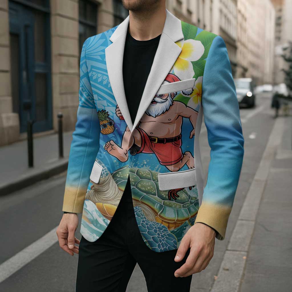 Polynesian Merry Christmas Blazer Funny Santa with Sea Turtle Beach Plumeria - Polynesian Pride
