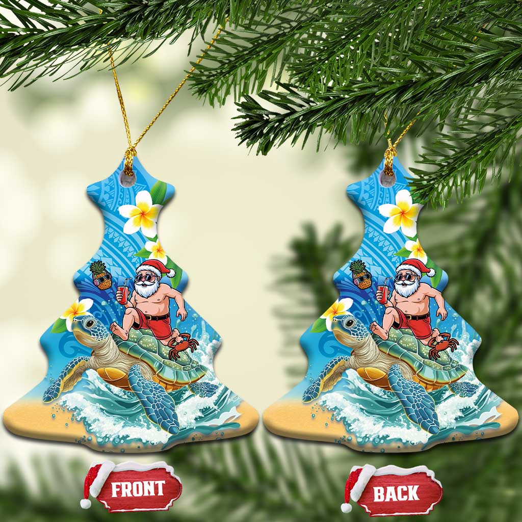 Polynesian Merry Christmas Ceramic Ornament Funny Santa with Sea Turtle on Beach and Plumeria - Polynesian Pride