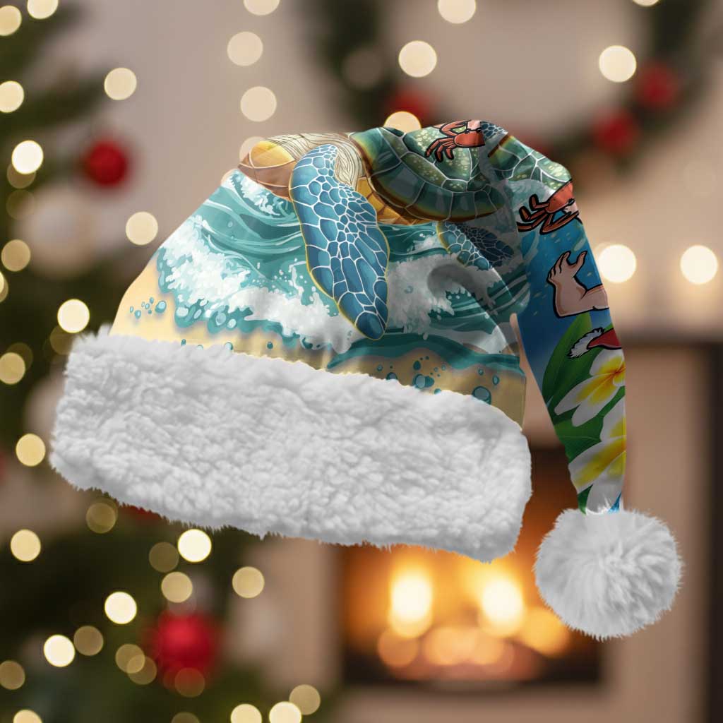 Polynesian Merry Christmas Santa Hat Funny Santa with Sea Turtle on Beach and Plumeria - Polynesian Pride