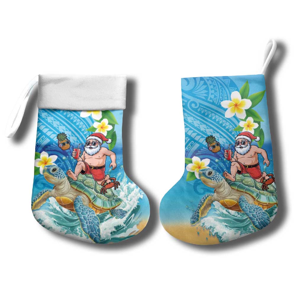 Polynesian Merry Christmas Stocking Funny Santa with Sea Turtle on Beach and Plumeria - Polynesian Pride