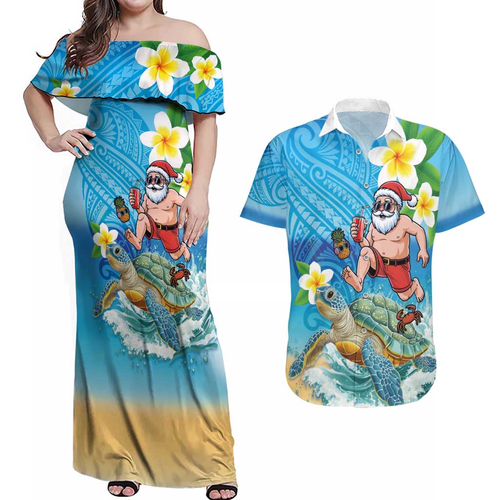 Polynesian Merry Christmas Couples Matching Off Shoulder Maxi Dress and Hawaiian Shirt Funny Santa with Sea Turtle Beach Plumeria - Polynesian Pride