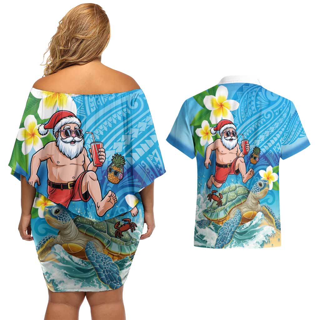 Polynesian Merry Christmas Couples Matching Off Shoulder Short Dress and Hawaiian Shirt Funny Santa with Sea Turtle Beach Plumeria - Polynesian Pride