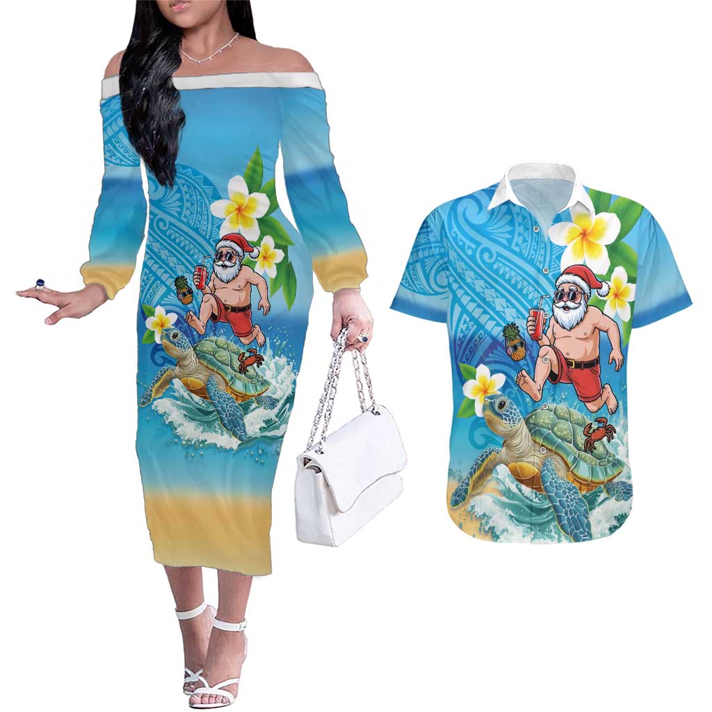 Polynesian Merry Christmas Couples Matching Off The Shoulder Long Sleeve Dress and Hawaiian Shirt Funny Santa with Sea Turtle Beach Plumeria - Polynesian Pride