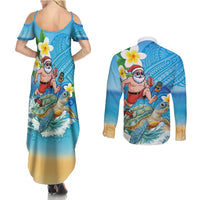 Polynesian Merry Christmas Couples Matching Summer Maxi Dress and Long Sleeve Button Shirt Funny Santa with Sea Turtle Beach Plumeria - Polynesian Pride