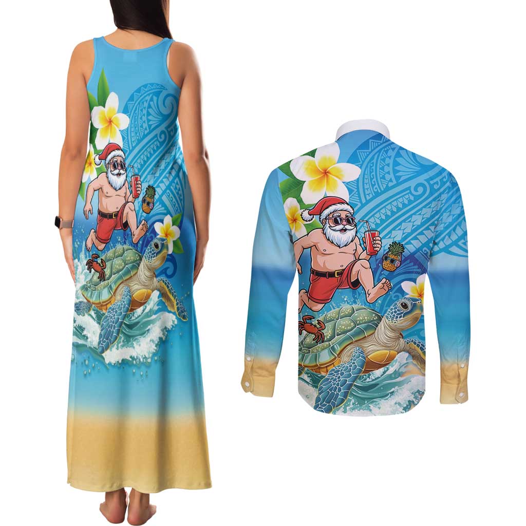 Polynesian Merry Christmas Couples Matching Tank Maxi Dress and Long Sleeve Button Shirt Funny Santa with Sea Turtle Beach Plumeria - Polynesian Pride