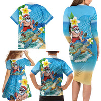 Polynesian Merry Christmas Family Matching Long Sleeve Bodycon Dress and Hawaiian Shirt Funny Santa with Sea Turtle Beach Plumeria - Polynesian Pride
